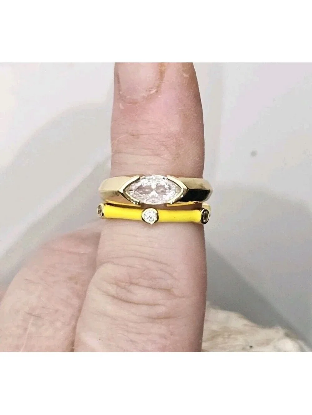 2 Ring Stack - Horse Eye Marquise CZ Size 6 Band - Yellow Enamel Adjustable
